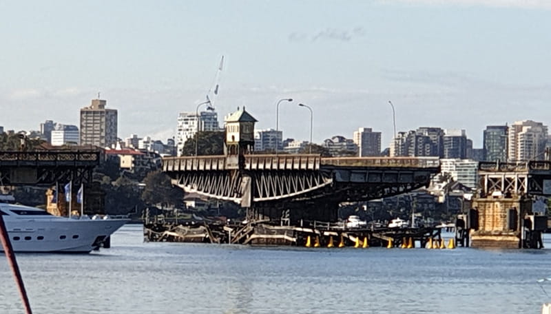 Glebe Island Bridge – note the yellow buoys placed to protect the crumbling timber from further damage (photo: V. Simpson-Young)