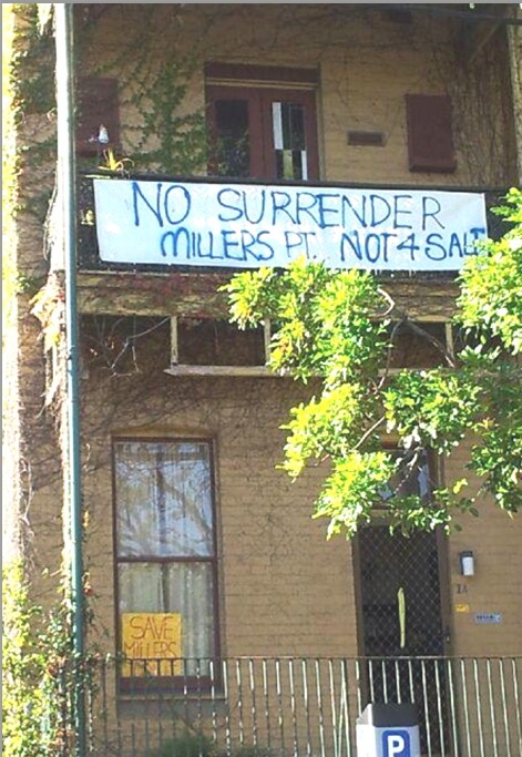 A sign in Trinity St. Millers Point showing residents’ opposition to the state government’s proposed sell-off of Dept of Housing properties in Millers Point (image: Janice Challinor)