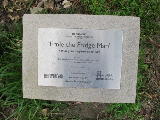 Plaque in the St John's Community Centre (from the Glebe Society Plaques Database)